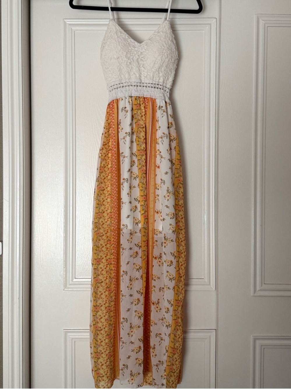 White Crochet Bodice Floral Maxi Dress - Yellow/Orange Panel
